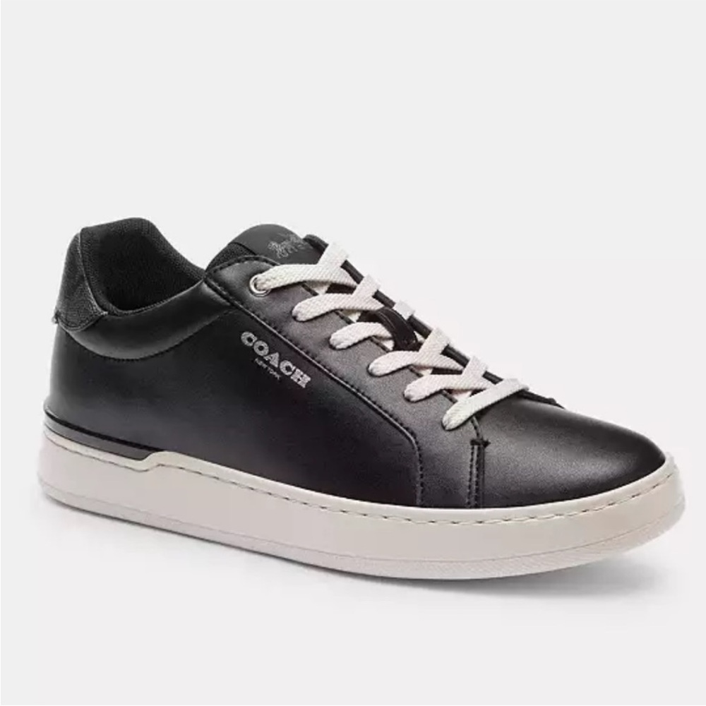 Coach Black Leather Clip Low-Top Sneaker w/ Signature C Heel Accent - $389 New